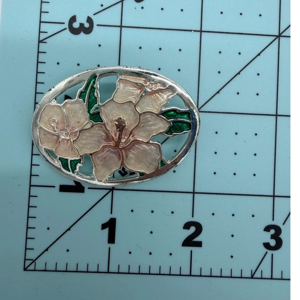 Vintage Enamel Hibiscus Flower Brooch White Green Silver Tone Tropical Pin